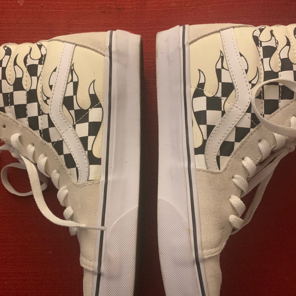 High top white checkered flame vans